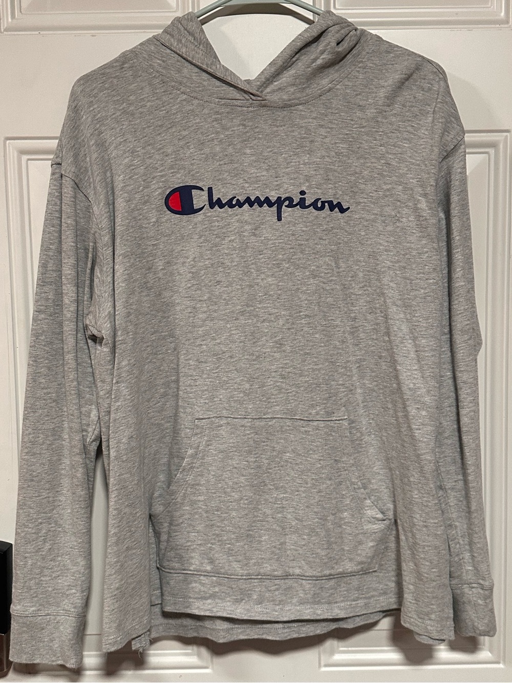 Champion Light Gray Pullover Hoodie with Navy & Red Logo
